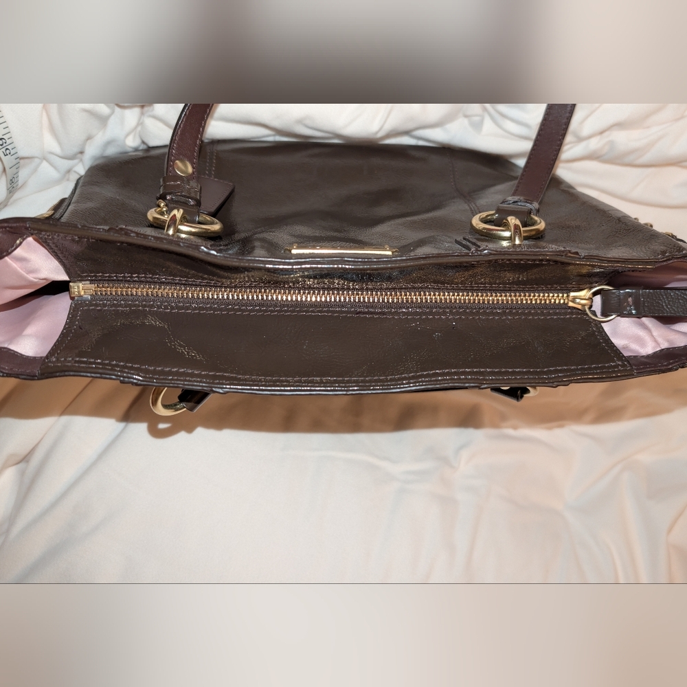 Coach Gallery Patent Leather Zipper Pocket Satchel Shoulder Bag Brown GUC - Picture 5 of 16